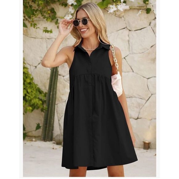 NEW Black Collared Shirt Dress Button Down Mini Dress Pockets M - Picture 5 of 7